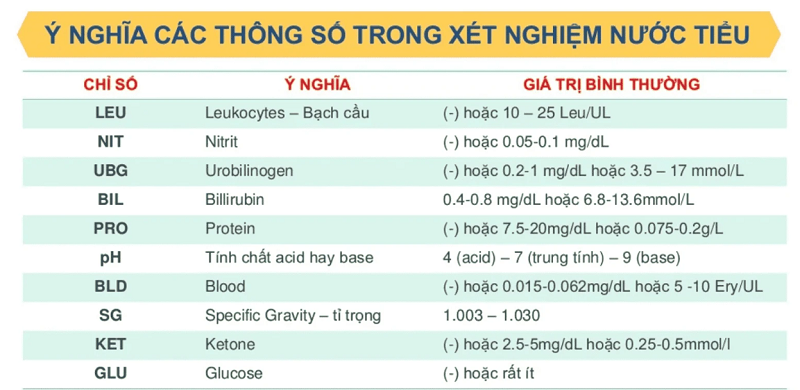 Bảng tham khảo một số chỉ số trong xét nghiệm nước tiểu trong đó có chỉ số NIT